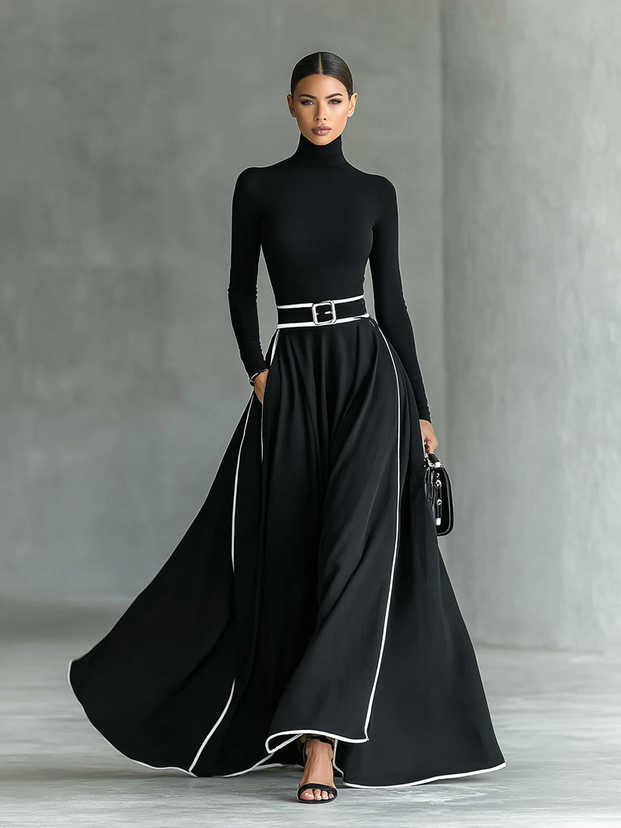 Susana | Vestido Maxi com Debruns em Contraste e Cinto