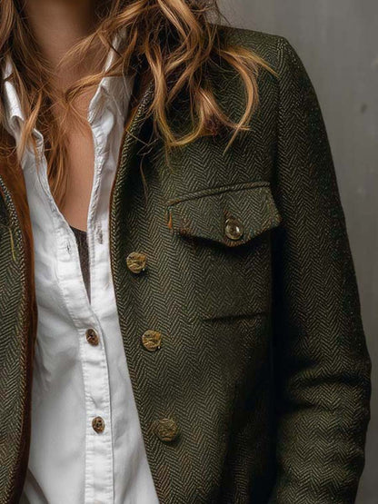 Honorina | Blazer Curto Espinha de Peixe com Punhos em Veludo, Verde-azeitona