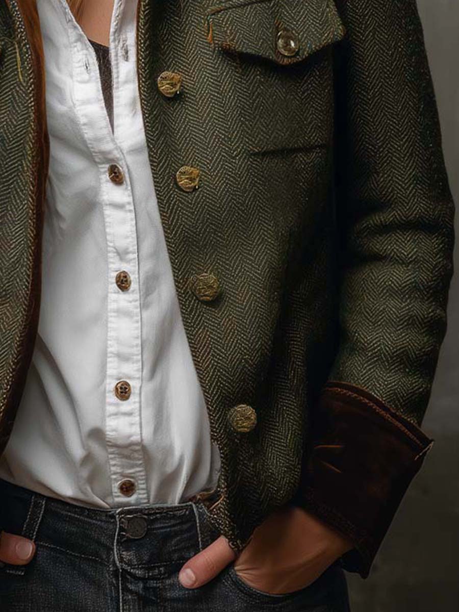 Honorina | Blazer Curto Espinha de Peixe com Punhos em Veludo, Verde-azeitona