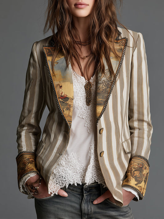Suzanne | Blazer Boémio às Riscas com Painel Pintado, Caqui