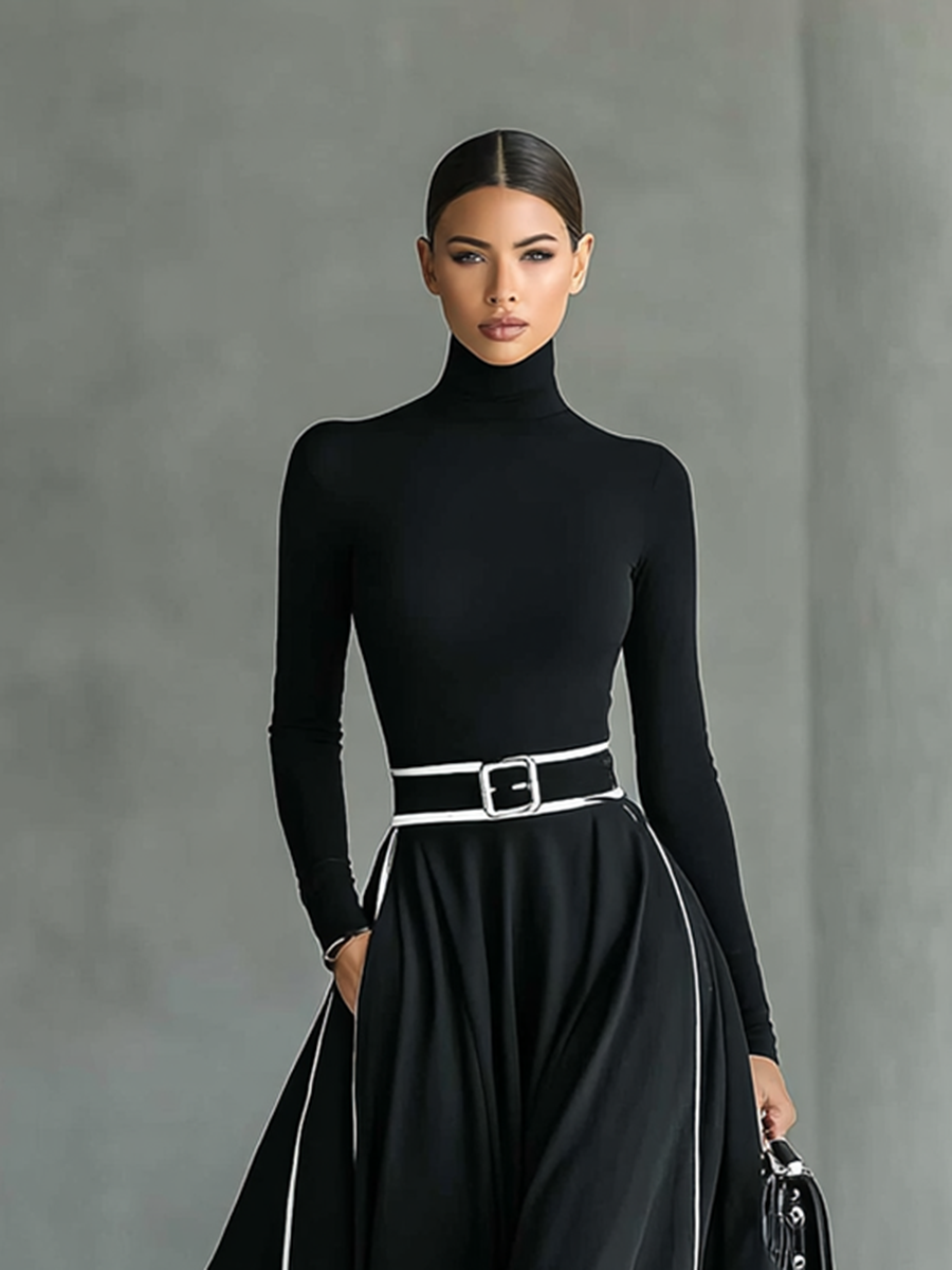 Susana | Vestido Maxi com Debruns em Contraste e Cinto