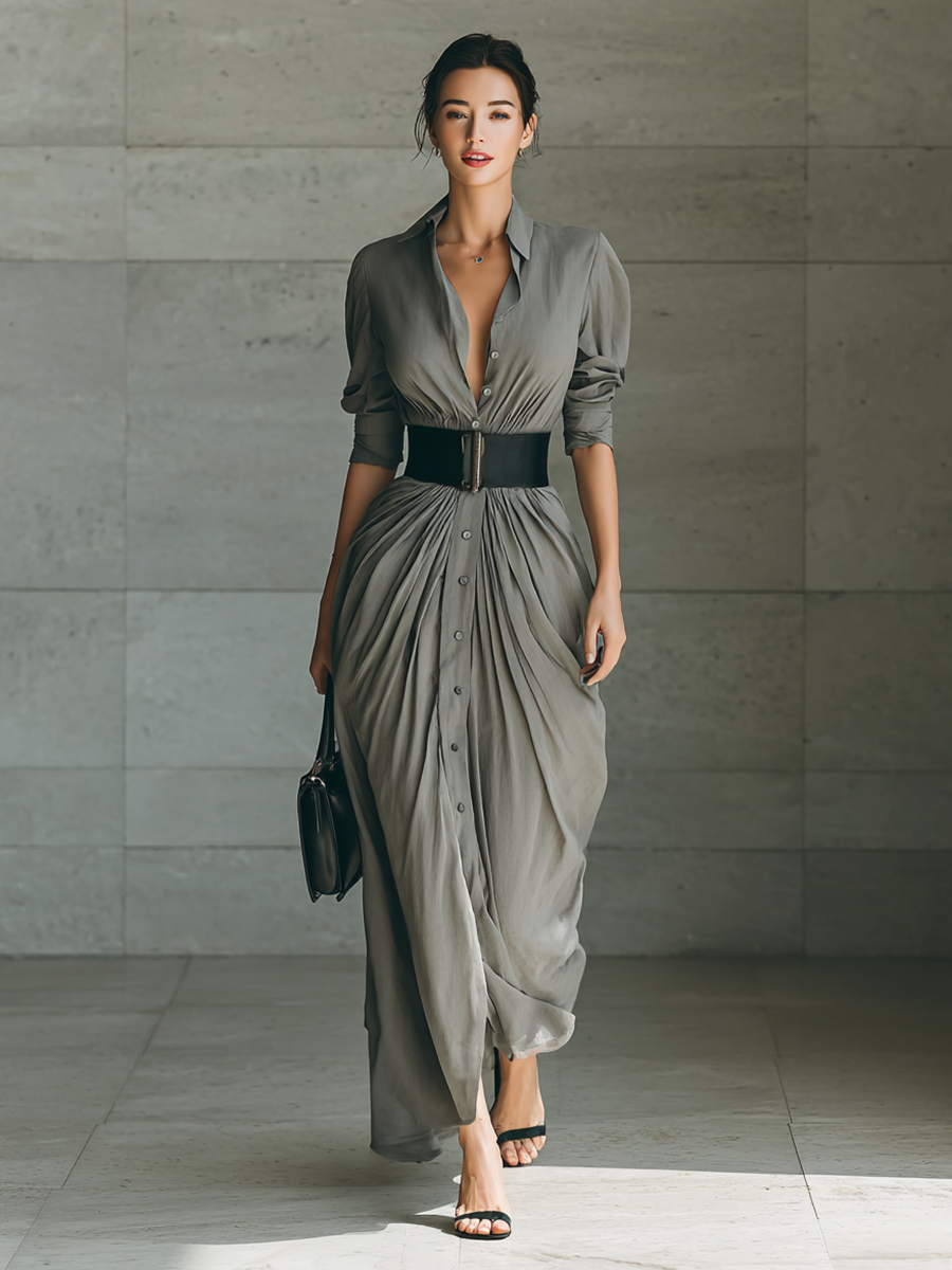 Zaira | Vestido Comprido Plissado com Gola de Lapela