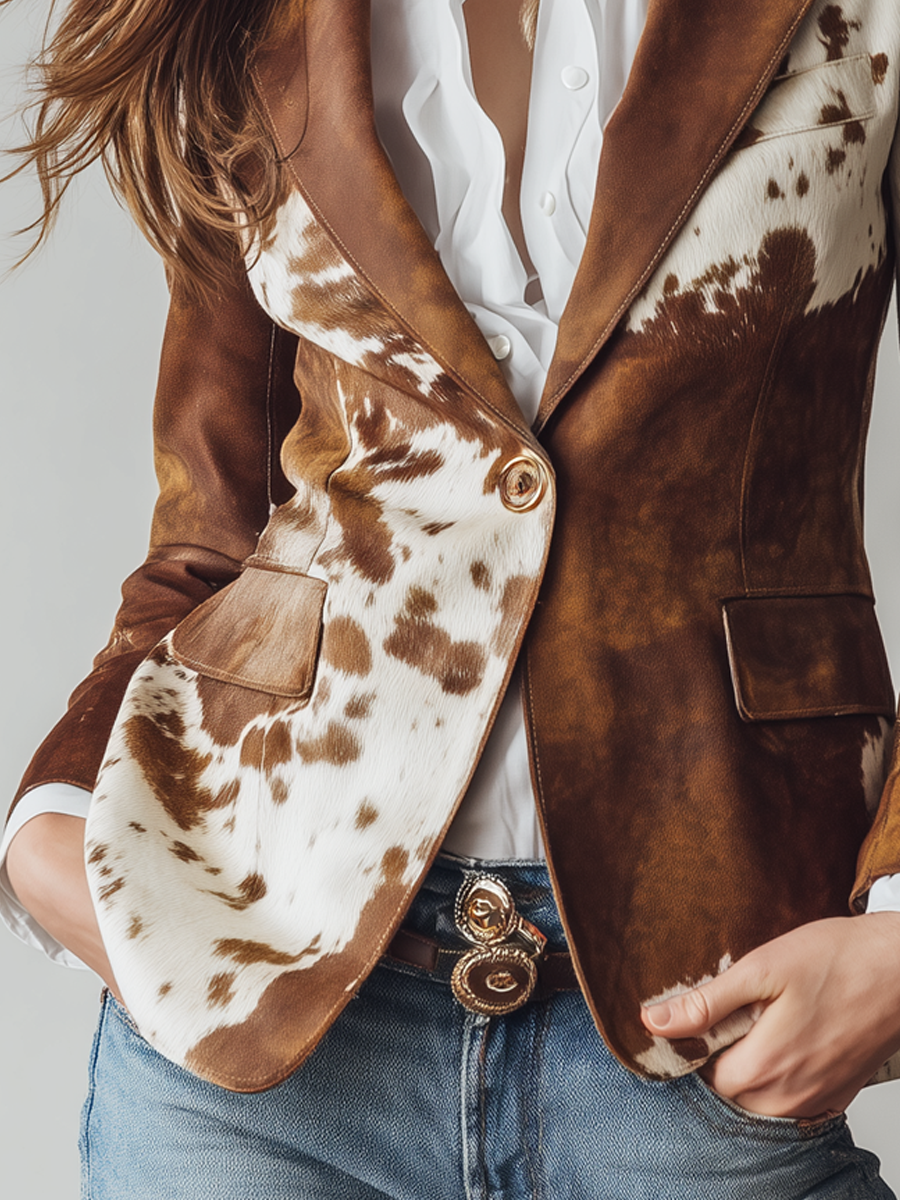 Ágata | Blazer Vintage Efeito Camurça com Padrão Vaca, Castanho e Branco