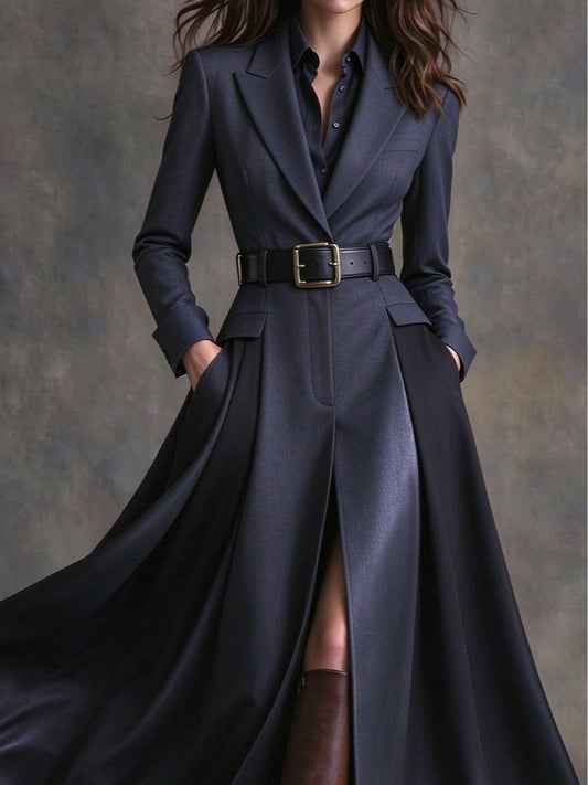 Azzurra | Vestido Maxi com Lapela Estilo Western e Cinto, Azul-marinho