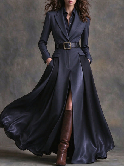 Azzurra | Vestido Maxi com Lapela Estilo Western e Cinto, Azul-marinho