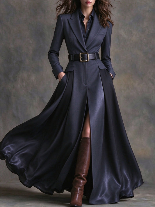 Azzurra | Vestido Maxi com Lapela Estilo Western e Cinto, Azul-marinho