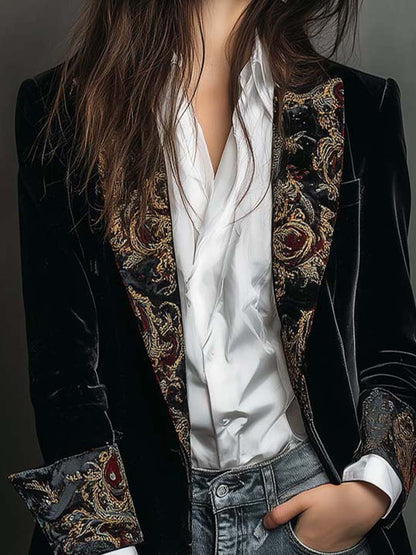 Leontina | Blazer Comprido em Veludo com Lapelas em Brocado Dourado, Preto