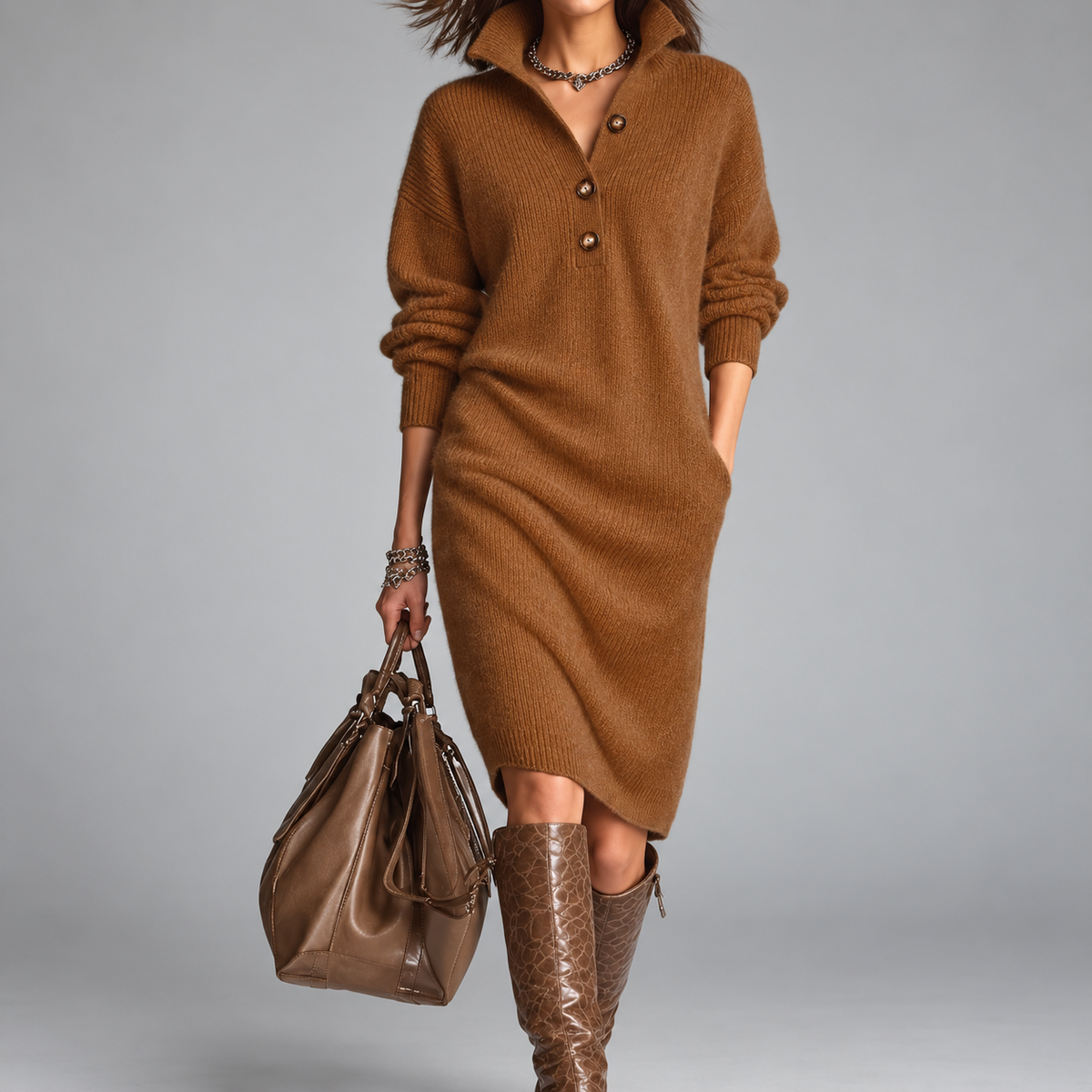 Helena | Vestido Midi Sofisticado com Gola de Botões
