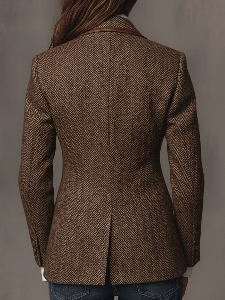 Gisela | Blazer em Tecido Espinha de Peixe com Lapelas Paisley, Castanho