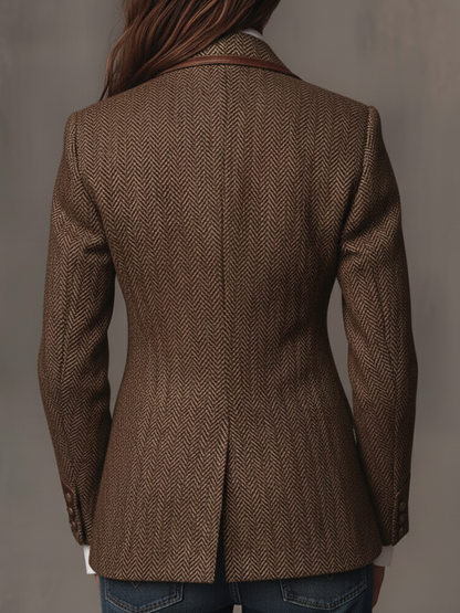 Gisela | Blazer em Tecido Espinha de Peixe com Lapelas Paisley, Castanho