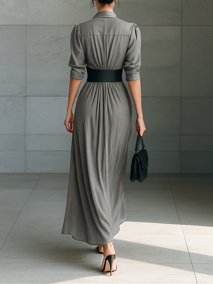 Zaira | Vestido Comprido Plissado com Gola de Lapela