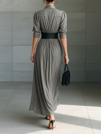 Zaira | Vestido Comprido Plissado com Gola de Lapela