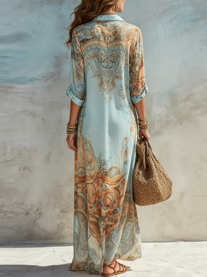 Velia | Vestido Chemisier Maxi em Chiffon com Padrão Paisley, Azul-celeste