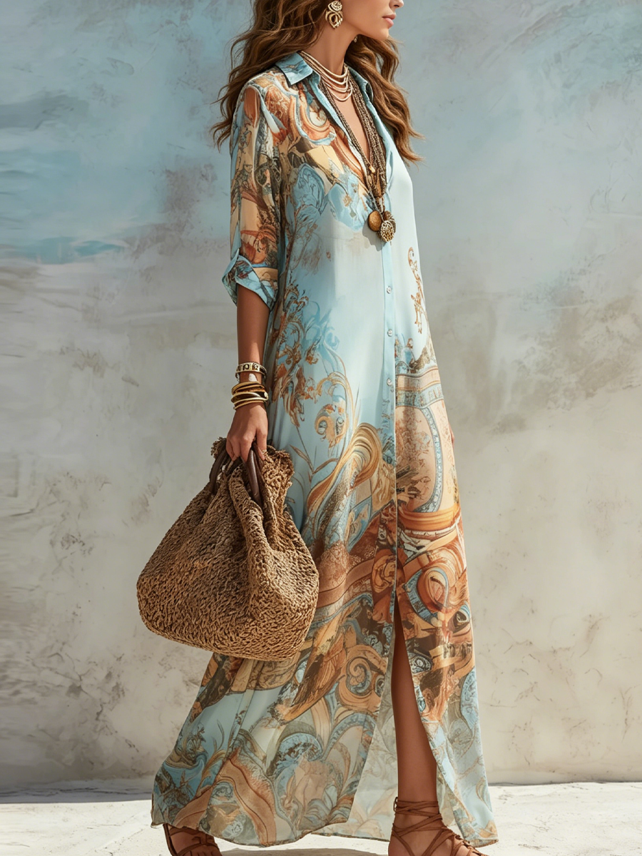 Velia | Vestido Chemisier Maxi em Chiffon com Padrão Paisley, Azul-celeste