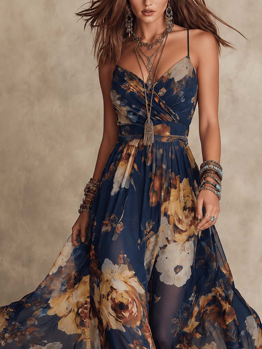 Melissa | Vestido Maxi em Chiffon Floral com Alças Finas, Azul-marinho