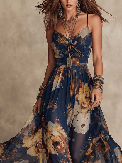 Melissa | Vestido Maxi em Chiffon Floral com Alças Finas, Azul-marinho