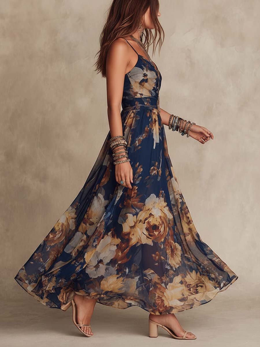 Melissa | Vestido Maxi em Chiffon Floral com Alças Finas, Azul-marinho