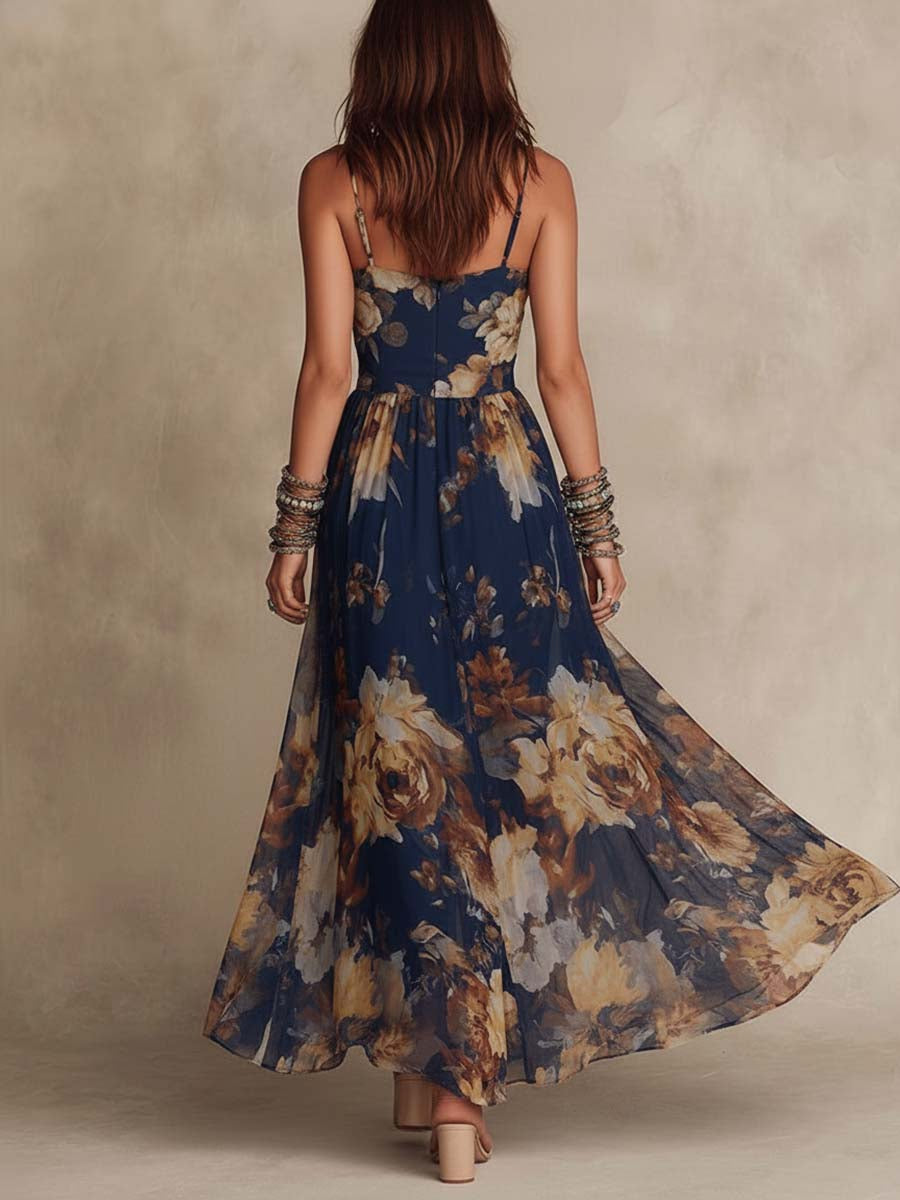 Melissa | Vestido Maxi em Chiffon Floral com Alças Finas, Azul-marinho