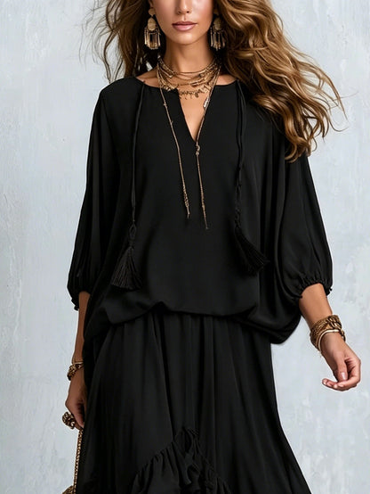 Annalisa | Conjunto Top em Chiffon e Saia de Folhos, Preto