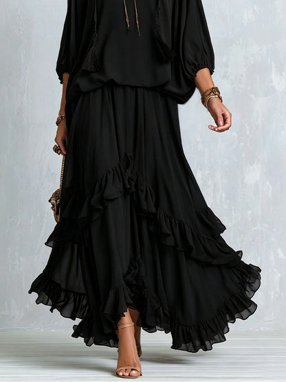 Annalisa | Conjunto Top em Chiffon e Saia de Folhos, Preto