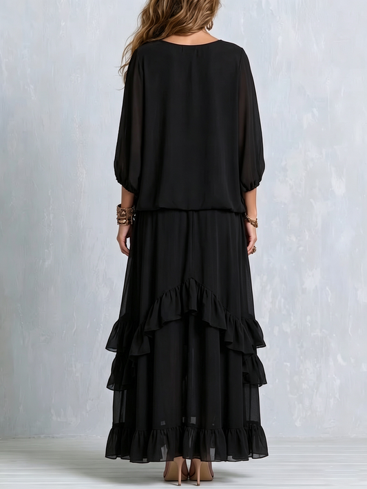 Annalisa | Conjunto Top em Chiffon e Saia de Folhos, Preto