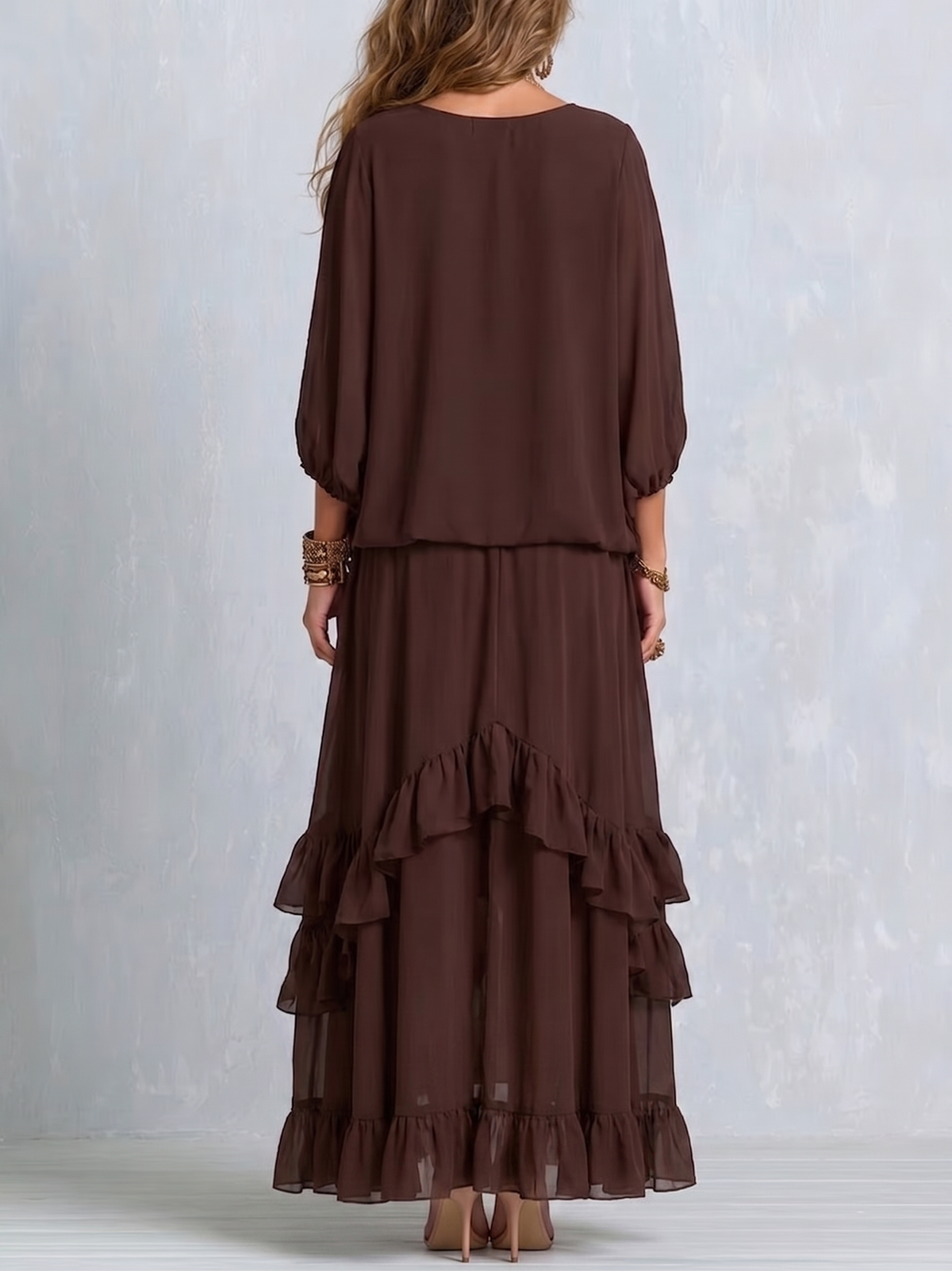 Dalila | Conjunto Top em Chiffon e Saia de Folhos, Chocolate
