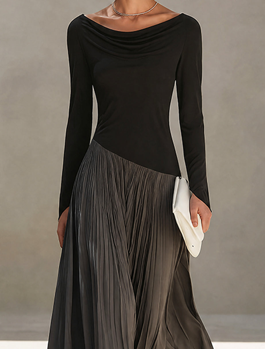 Virgínia | Vestido Maxi Plissado com Gola Drapeada, Preto e Cinzento
