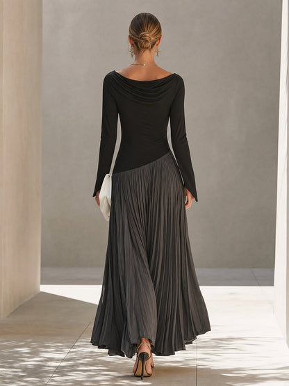 Virgínia | Vestido Maxi Plissado com Gola Drapeada, Preto e Cinzento