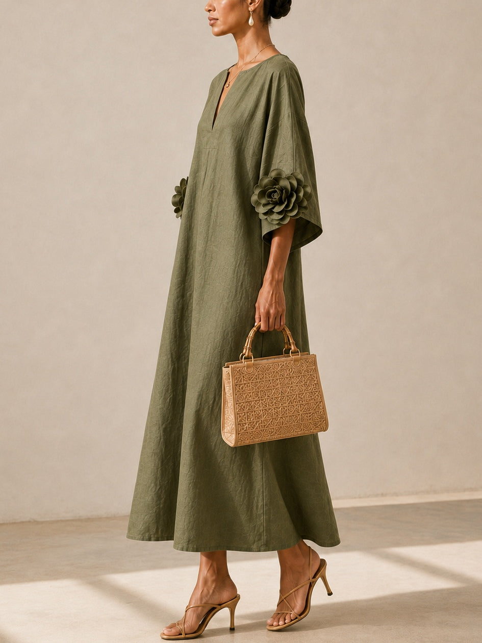 Floriana | Vestido Midi com Flores Aplicadas nas Mangas, Verde-azeitona