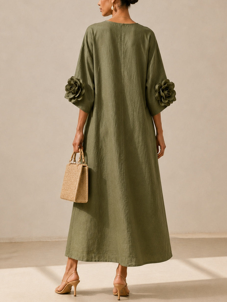 Floriana | Vestido Midi com Flores Aplicadas nas Mangas, Verde-azeitona