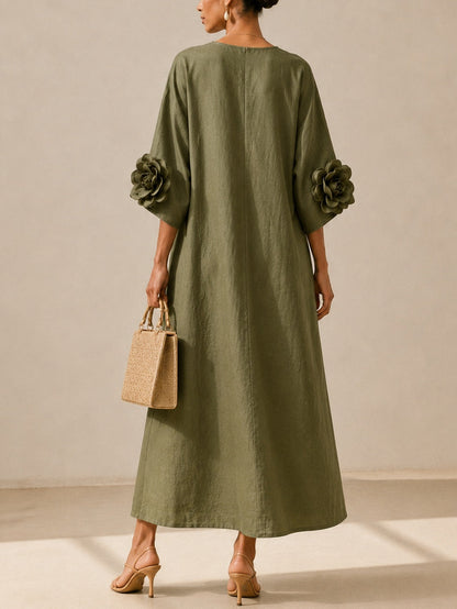 Floriana | Vestido Midi com Flores Aplicadas nas Mangas, Verde-azeitona
