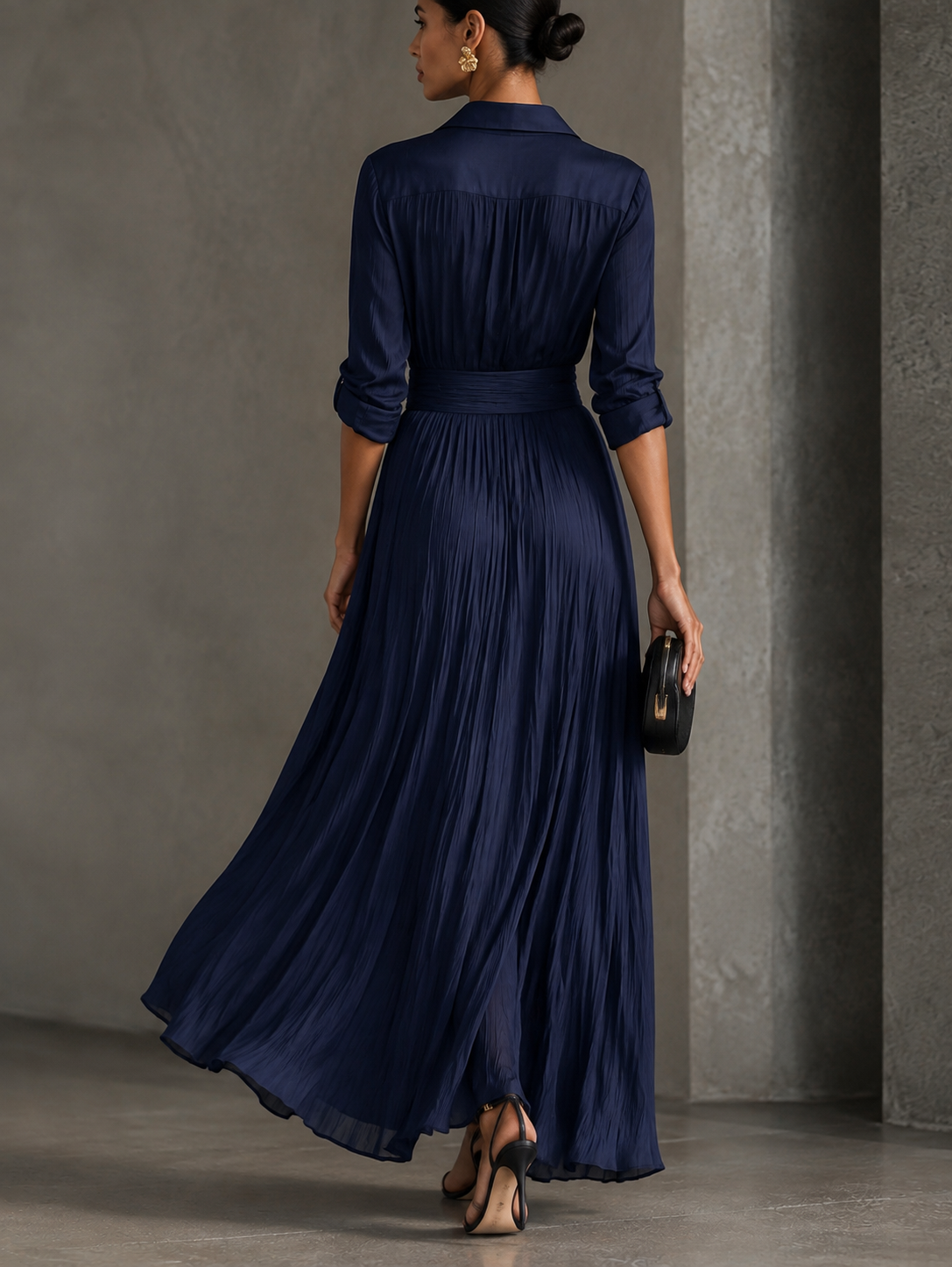 Allegra | Vestido Chemisier Maxi com Nó na Cintura, Azul-marinho