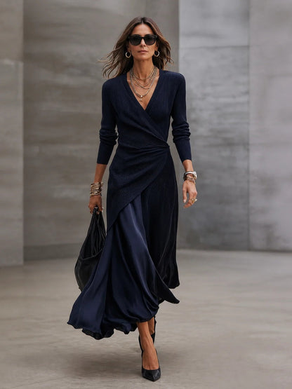 Tamara | Vestido Maxi Traçado com Saia em Cetim, Azul-marinho