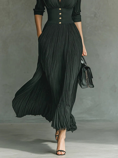 Elvia | Vestido Comprido Plissado com Lapela e Cintura Subida