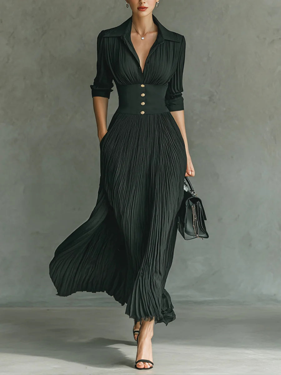 Elvia | Vestido Comprido Plissado com Lapela e Cintura Subida