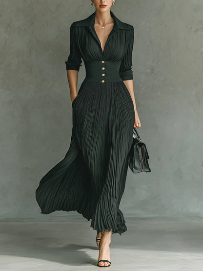 Elvia | Vestido Comprido Plissado com Lapela e Cintura Subida