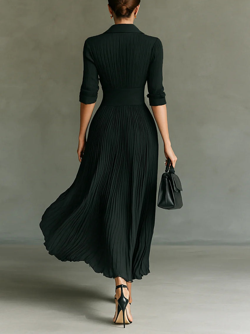 Elvia | Vestido Comprido Plissado com Lapela e Cintura Subida