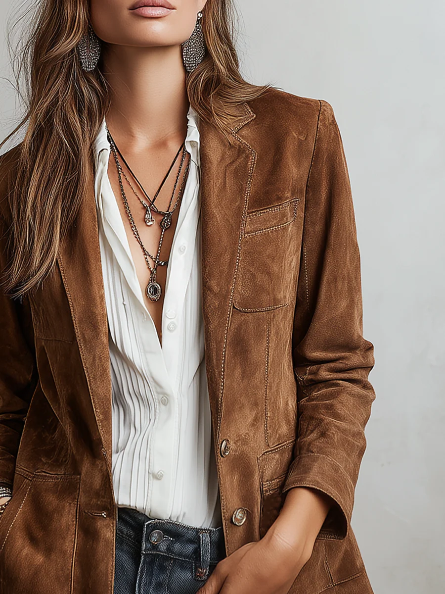 Adelina | Blazer Vintage Efeito Camurça, Castanho