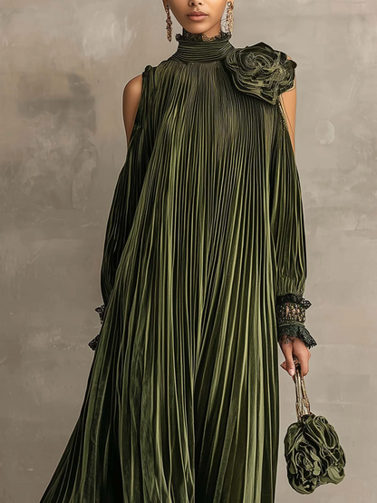 Flora | Vestido Maxi Plissado com Pormenor Floral no Ombro