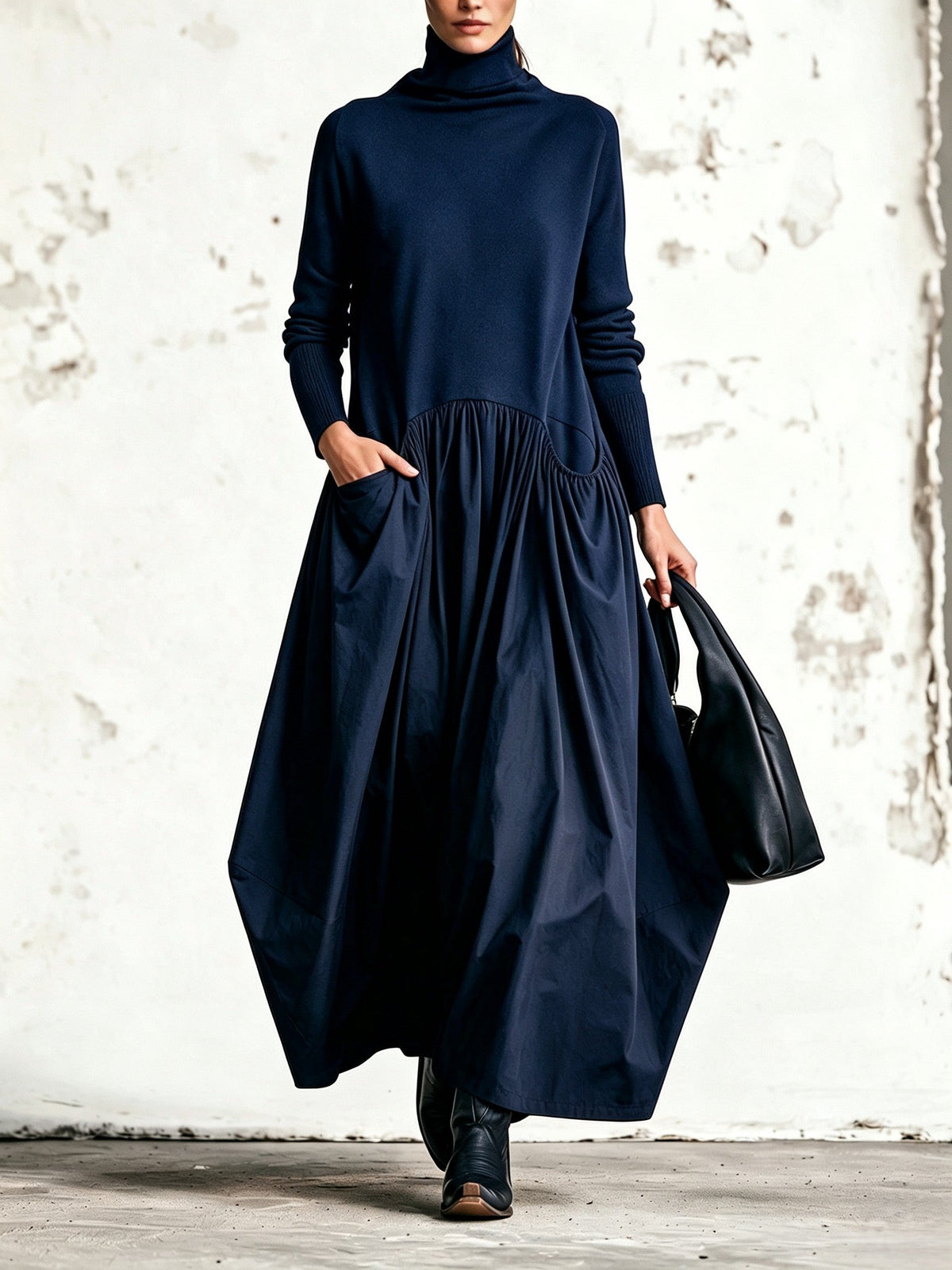 Ilaria | Vestido Maxi Oversize de Gola Alta com Bolsos