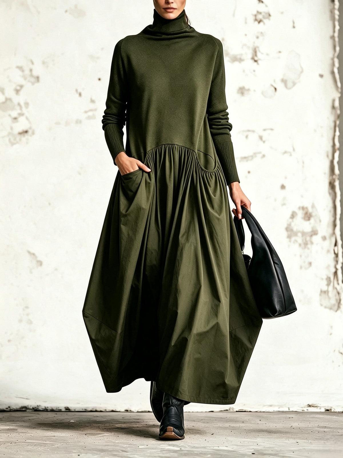 Ilaria | Vestido Maxi Oversize de Gola Alta com Bolsos