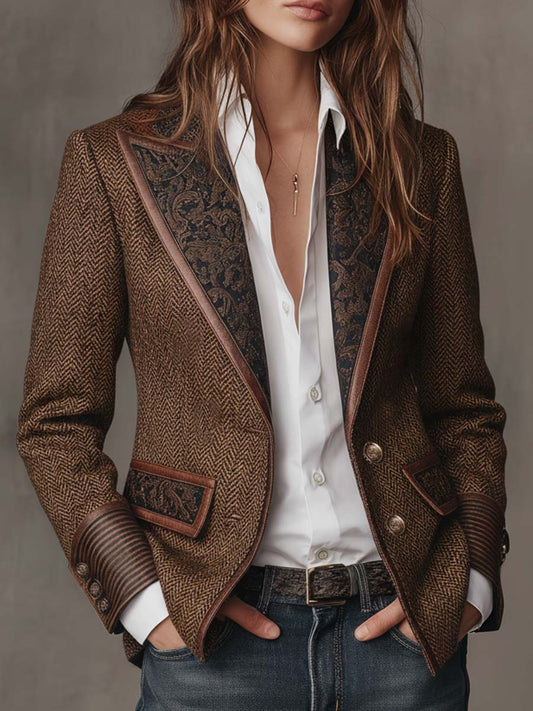 Gisela | Blazer em Tecido Espinha de Peixe com Lapelas Paisley, Castanho