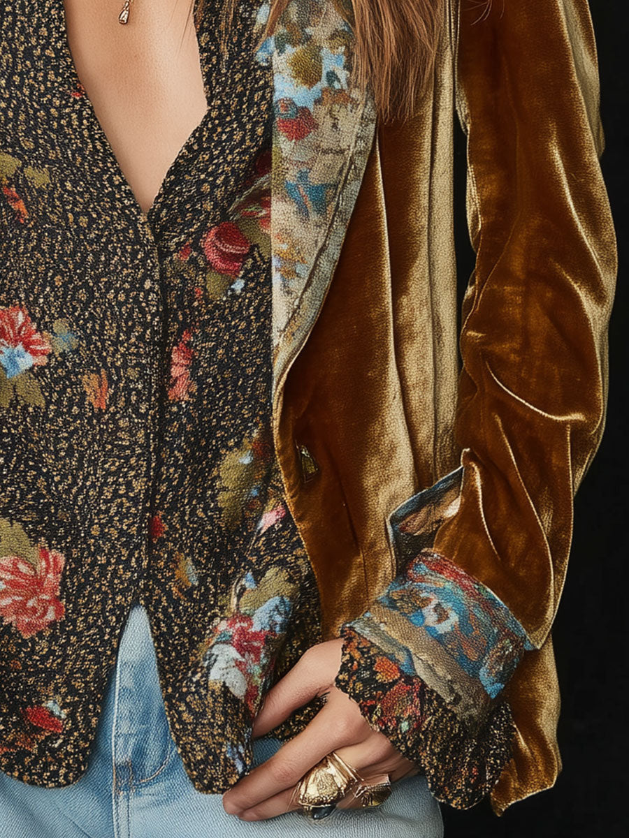 Severina | Blazer em Veludo Patchwork Floral Vintage, Mostarda