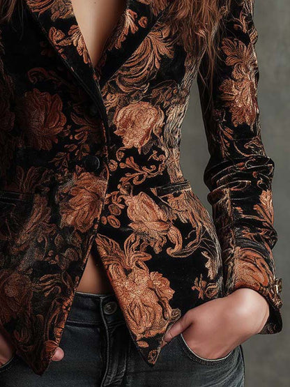 Bertille | Blazer em Veludo Jacquard Floral, Preto e Bronze