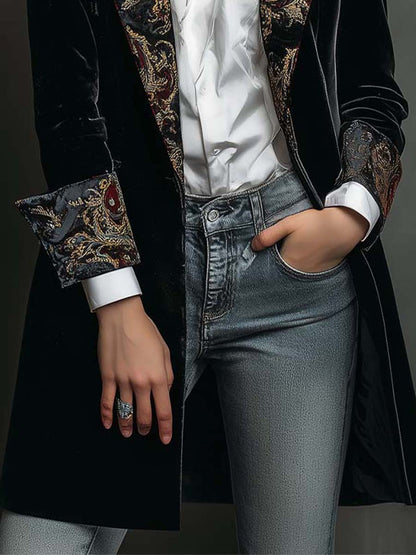 Leontina | Blazer Comprido em Veludo com Lapelas em Brocado Dourado, Preto
