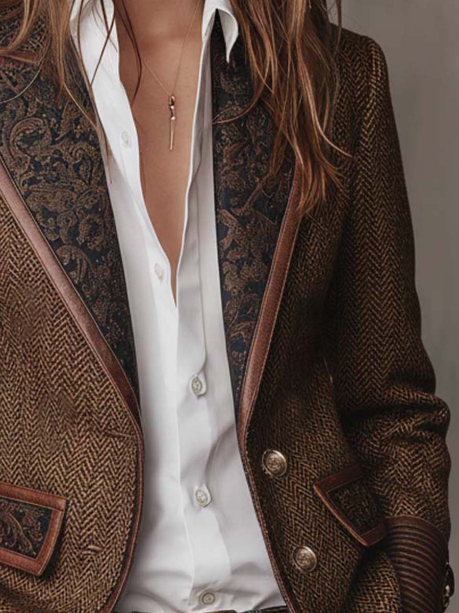 Gisela | Blazer em Tecido Espinha de Peixe com Lapelas Paisley, Castanho