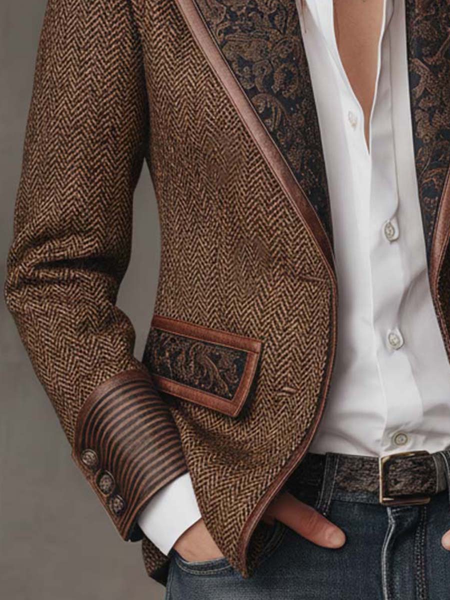Gisela | Blazer em Tecido Espinha de Peixe com Lapelas Paisley, Castanho