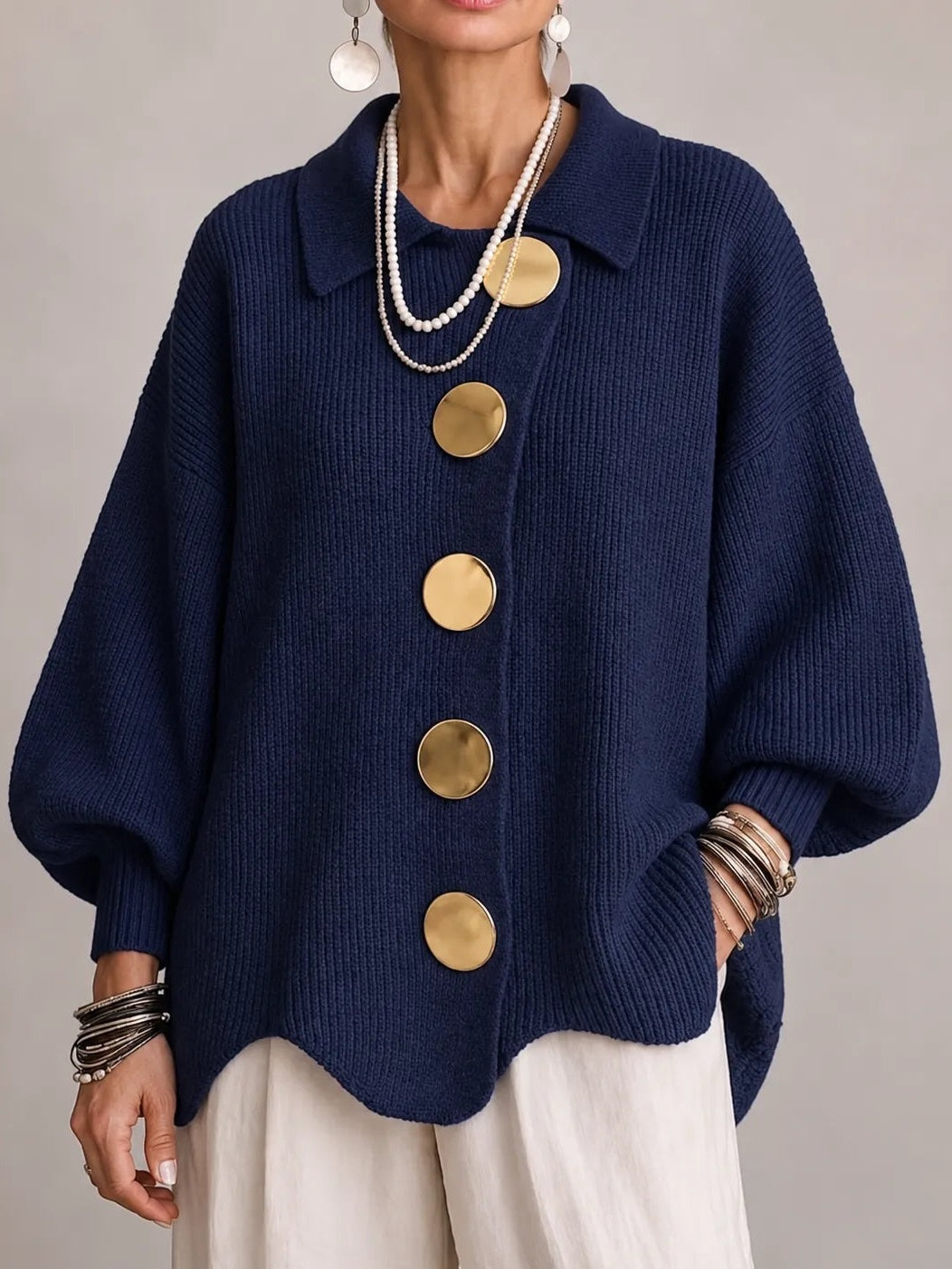 Milena | Casaco de Malha Oversize Canelado com Remate Festonado, Azul-marinho