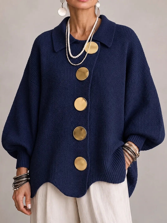 Milena | Casaco de Malha Oversize Canelado com Remate Festonado, Azul-marinho