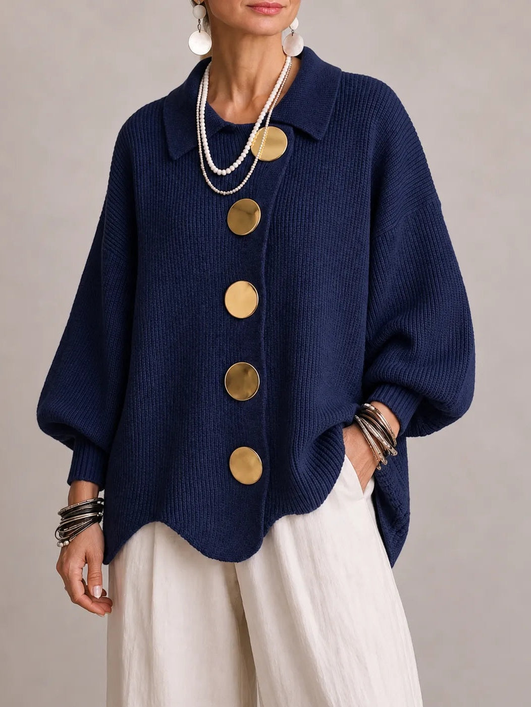 Milena | Casaco de Malha Oversize Canelado com Remate Festonado, Azul-marinho